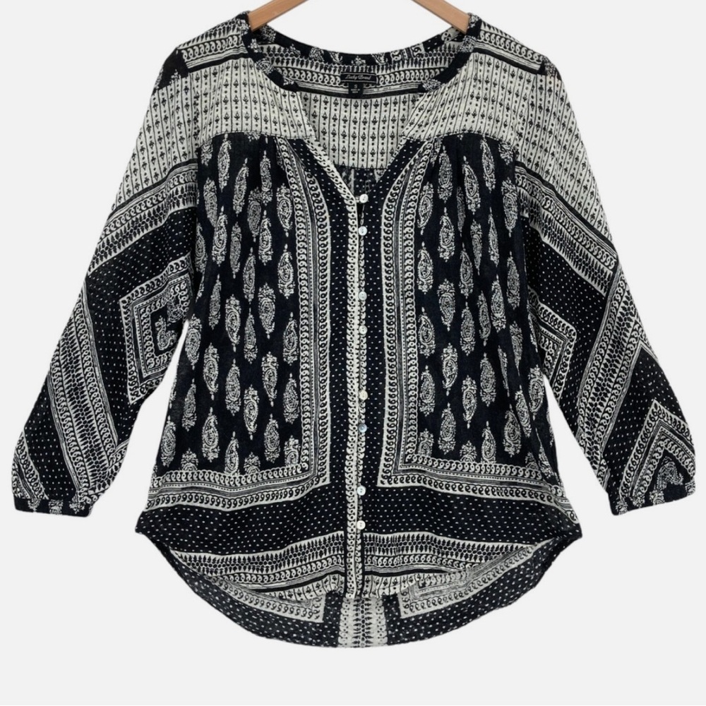 Lucky Brand Boho Peasant Top Black White Paisley Button Front - Size M